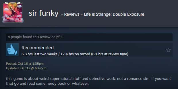 Screenshot showing a Steam review for Life is Strange: Double Exposure.